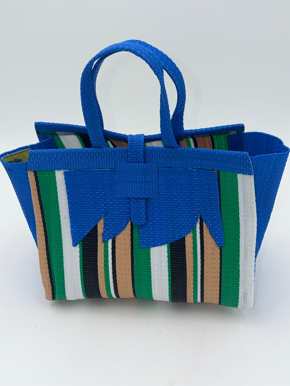 Beige Medium  handwoven tote bag by SCRUBIES in Blue,Beige,Green,White,Black, with Stripes design and Abstract accent pattern