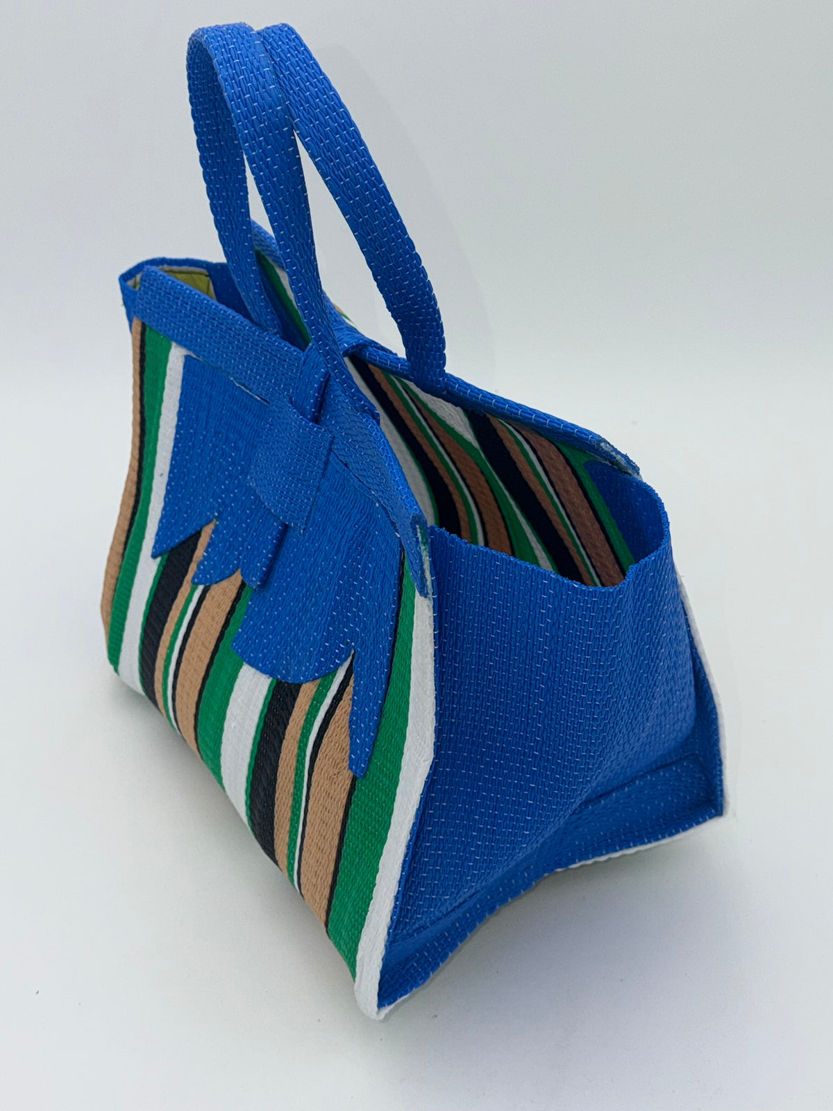 Beige Medium  handwoven tote bag by SCRUBIES in Blue,Beige,Green,White,Black, with Stripes design and Abstract accent pattern