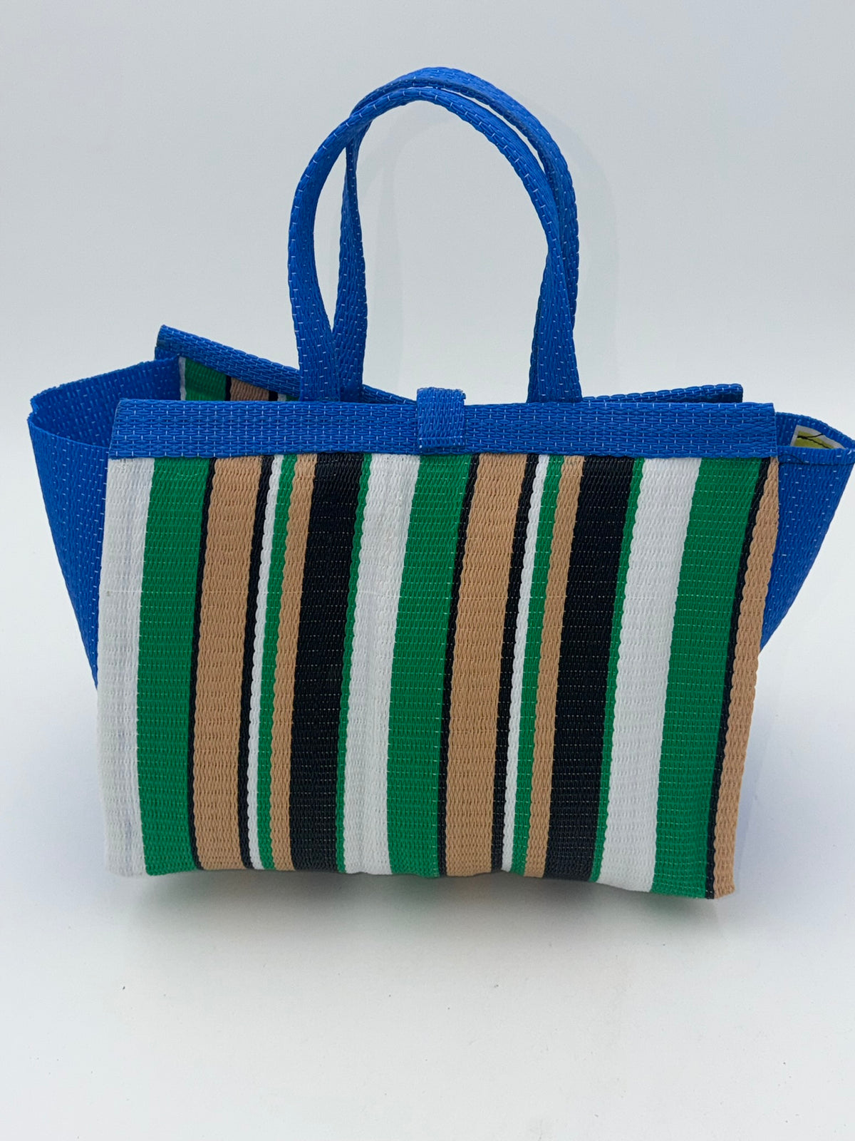 Beige Medium  handwoven tote bag by SCRUBIES in Blue,Beige,Green,White,Black, with Stripes design and Abstract accent pattern
