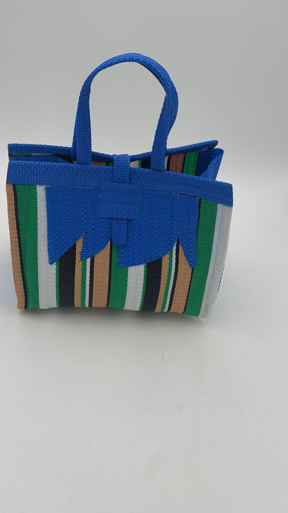 Beige Medium  handwoven tote bag by SCRUBIES in Blue,Beige,Green,White,Black, with Stripes design and Abstract accent pattern