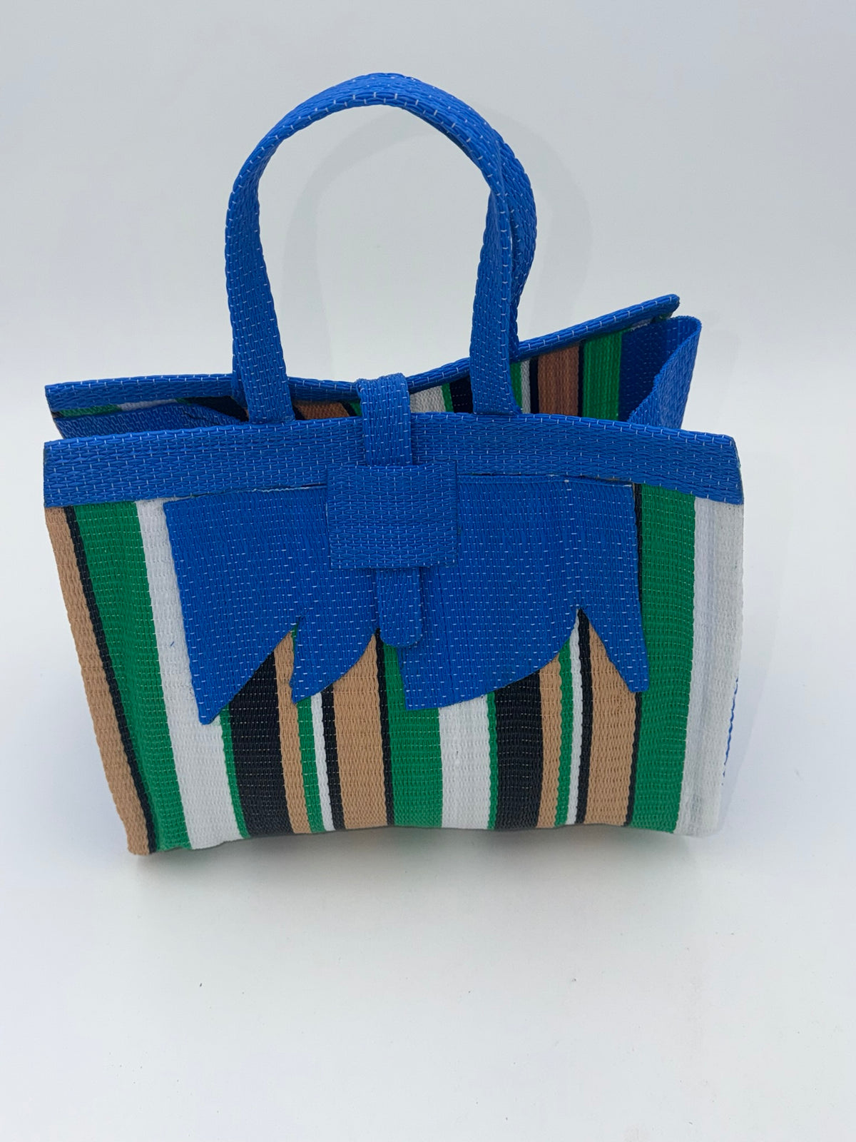 Beige Medium  handwoven tote bag by SCRUBIES in Blue,Beige,Green,White,Black, with Stripes design and Abstract accent pattern