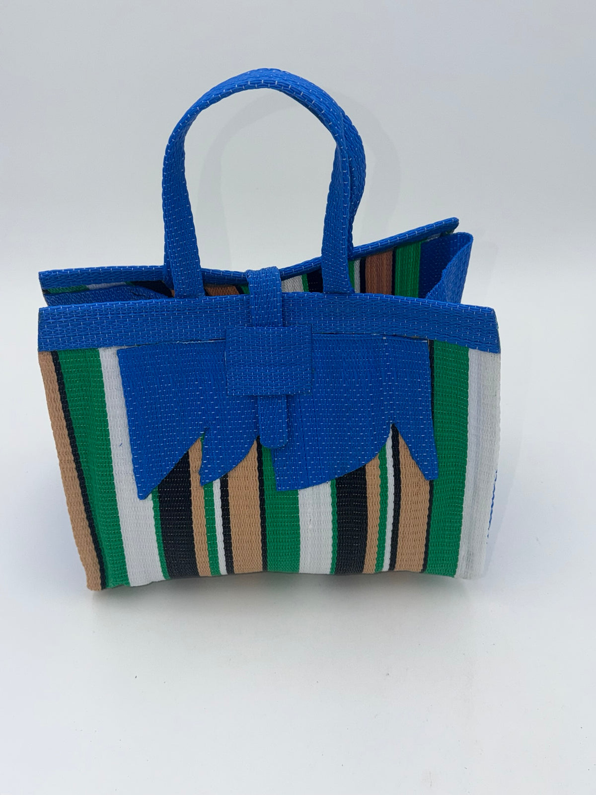 Beige Medium  handwoven tote bag by SCRUBIES in Blue,Beige,Green,White,Black, with Stripes design and Abstract accent pattern