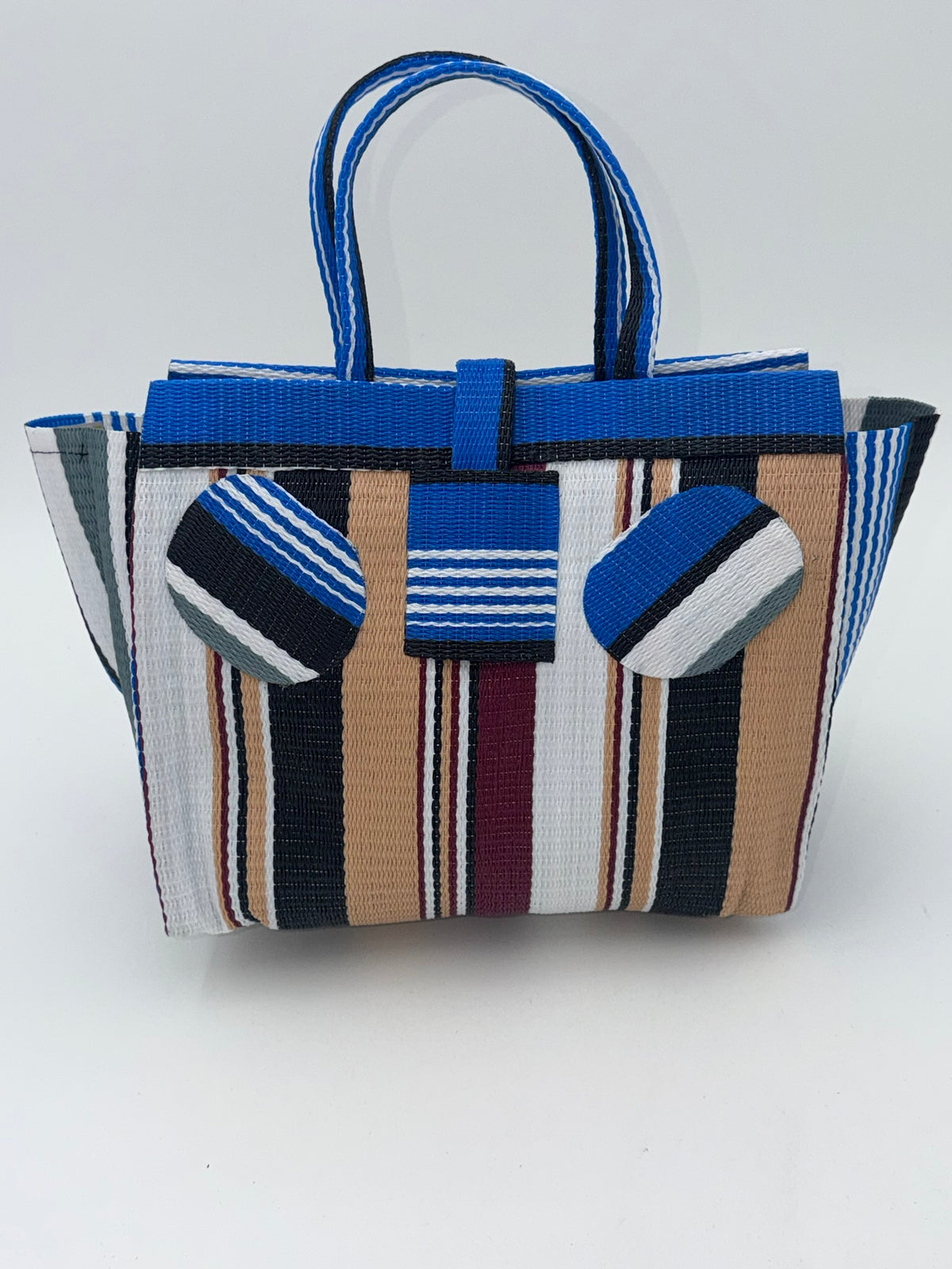 Beige Medium  handwoven tote bag by SCRUBIES in Blue,Beige,White,Black with Stripes design and Circle accent pattern