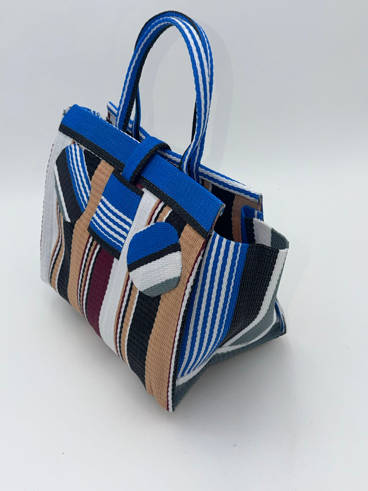 Beige Medium  handwoven tote bag by SCRUBIES in Blue,Beige,White,Black with Stripes design and Circle accent pattern