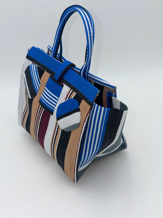 Beige Medium  handwoven tote bag by SCRUBIES in Blue,Beige,White,Black with Stripes design and Circle accent pattern