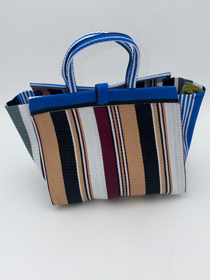 Beige Medium  handwoven tote bag by SCRUBIES in Blue,Beige,White,Black with Stripes design and Circle accent pattern