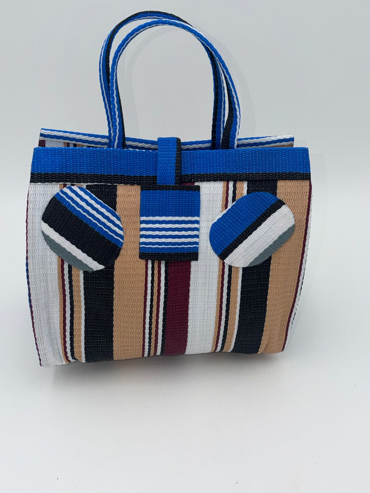 Beige Medium  handwoven tote bag by SCRUBIES in Blue,Beige,White,Black with Stripes design and Circle accent pattern