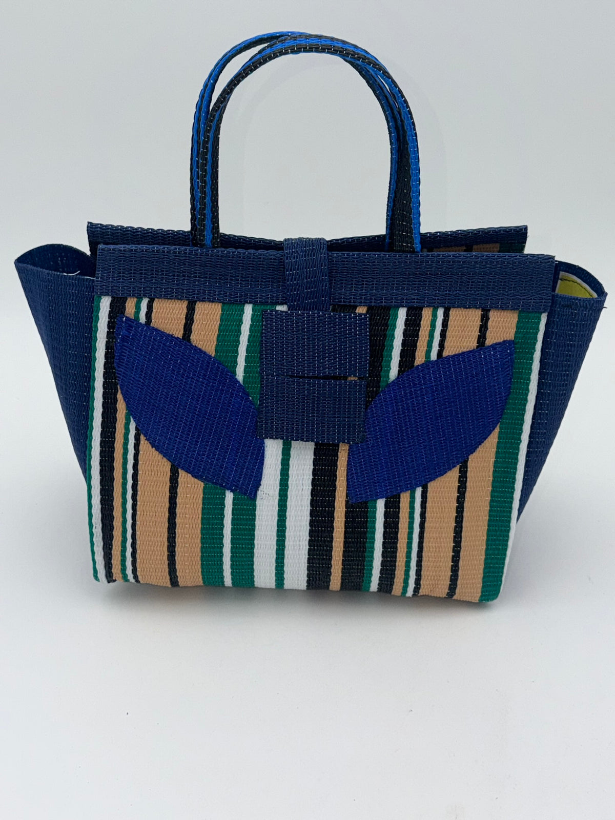 Beige Medium  handwoven tote bag by SCRUBIES in Blue,Beige,Green,White,Black, with Stripes design and Leaf accent pattern