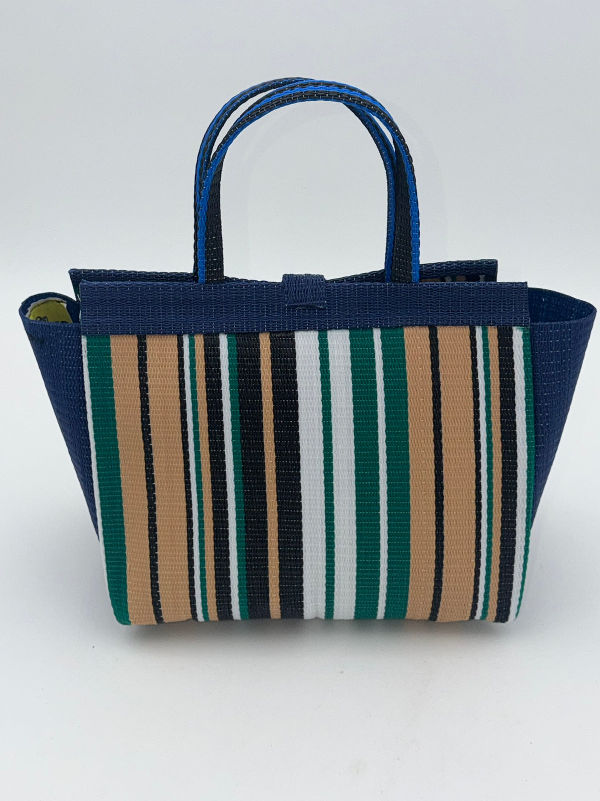 Beige Medium  handwoven tote bag by SCRUBIES in Blue,Beige,Green,White,Black, with Stripes design and Leaf accent pattern