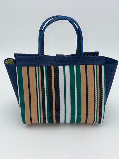 Beige Medium  handwoven tote bag by SCRUBIES in Blue,Beige,Green,White,Black, with Stripes design and Leaf accent pattern