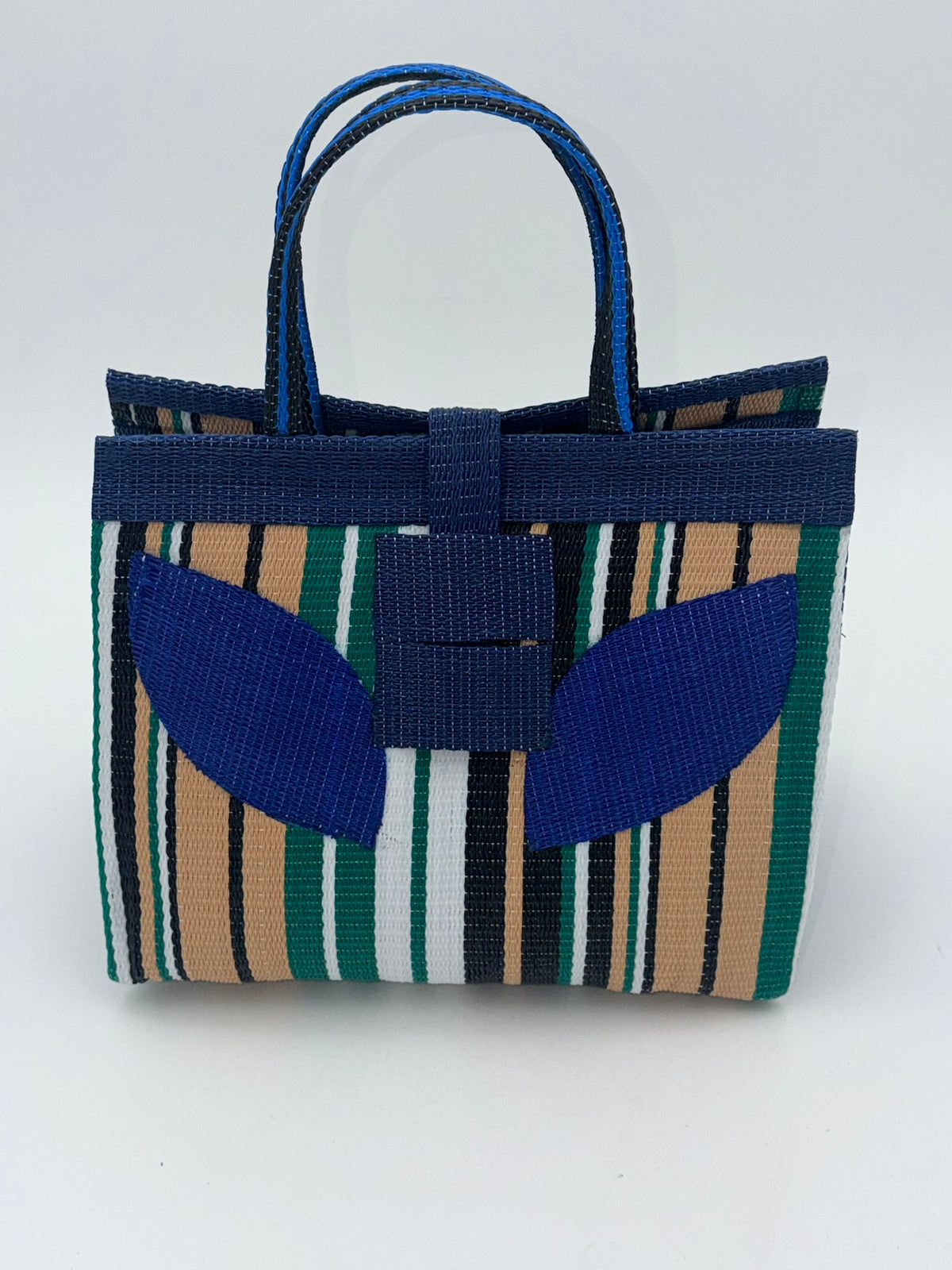 Beige Medium  handwoven tote bag by SCRUBIES in Blue,Beige,Green,White,Black, with Stripes design and Leaf accent pattern