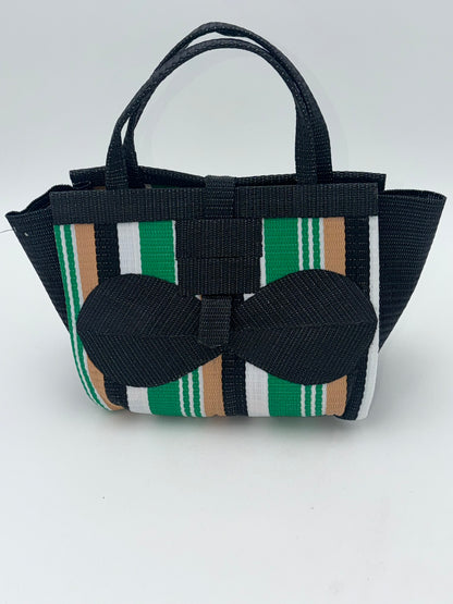 Beige Medium  handwoven tote bag by SCRUBIES in Black,Green,White,Beige with Stripes design and Bow accent pattern