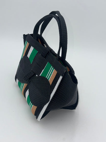 Beige Medium  handwoven tote bag by SCRUBIES in Black,Green,White,Beige with Stripes design and Bow accent pattern