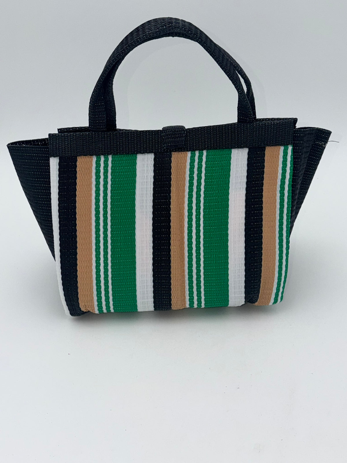 Beige Medium  handwoven tote bag by SCRUBIES in Black,Green,White,Beige with Stripes design and Bow accent pattern