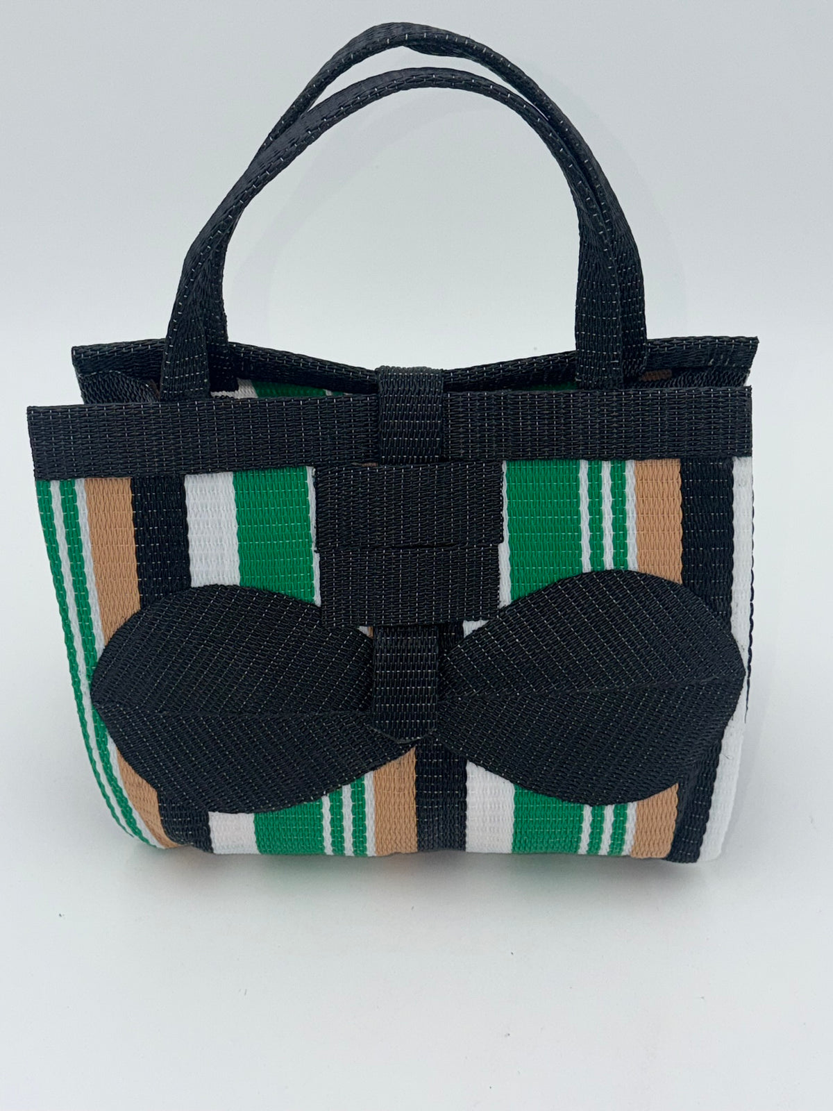 Beige Medium  handwoven tote bag by SCRUBIES in Black,Green,White,Beige with Stripes design and Bow accent pattern