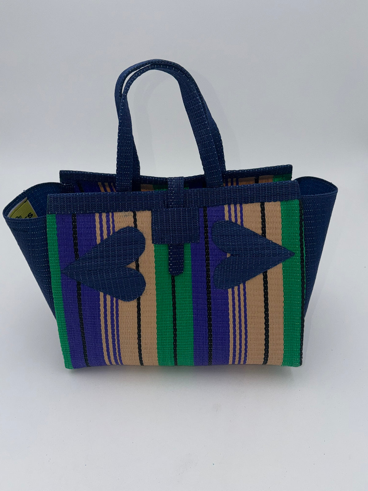 Lavender Medium  handwoven tote bag by SCRUBIES in Blue,Purple,Beige,Green, with Stripes design and Love accent pattern