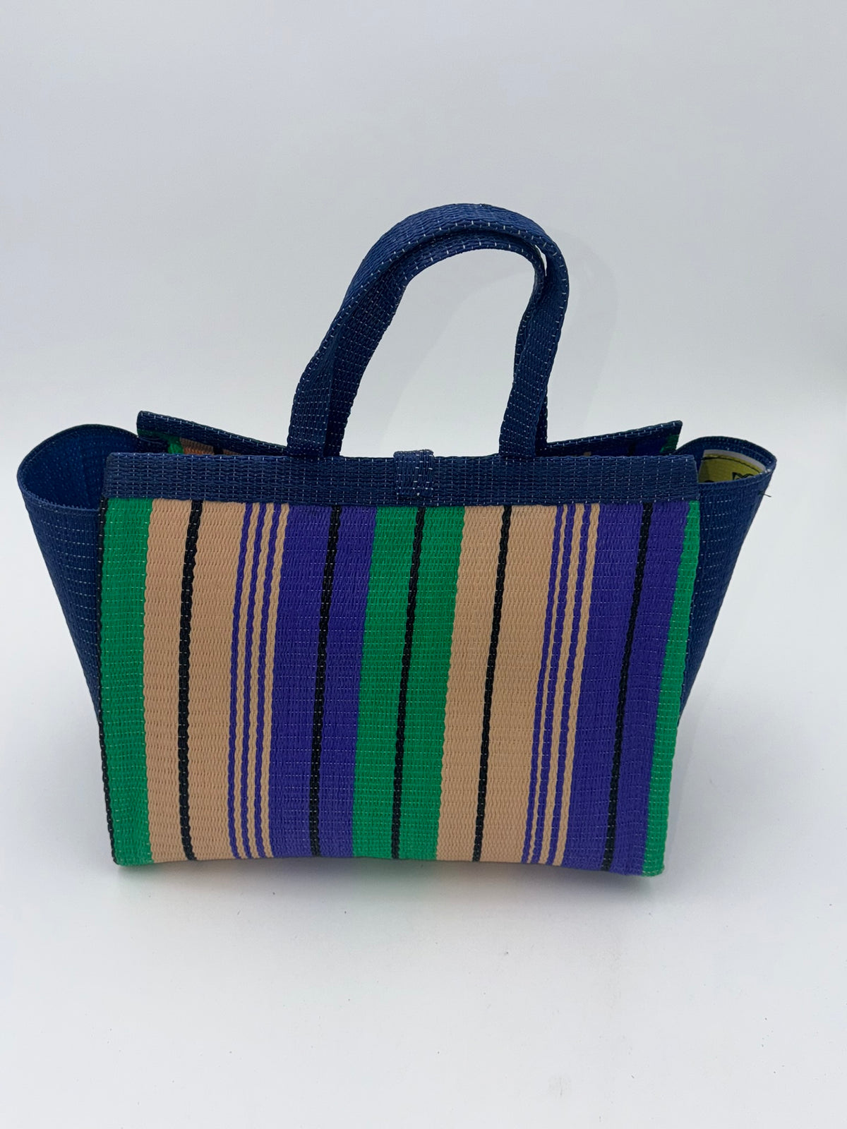 Lavender Medium  handwoven tote bag by SCRUBIES in Blue,Purple,Beige,Green, with Stripes design and Love accent pattern