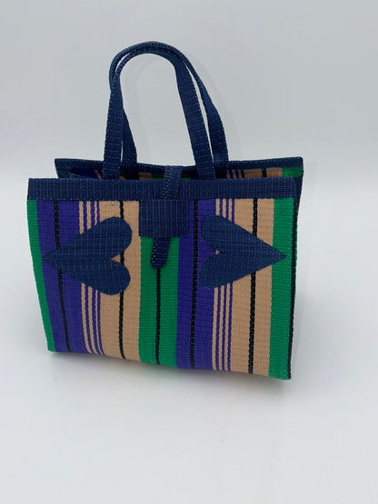 Lavender Medium  handwoven tote bag by SCRUBIES in Blue,Purple,Beige,Green, with Stripes design and Love accent pattern