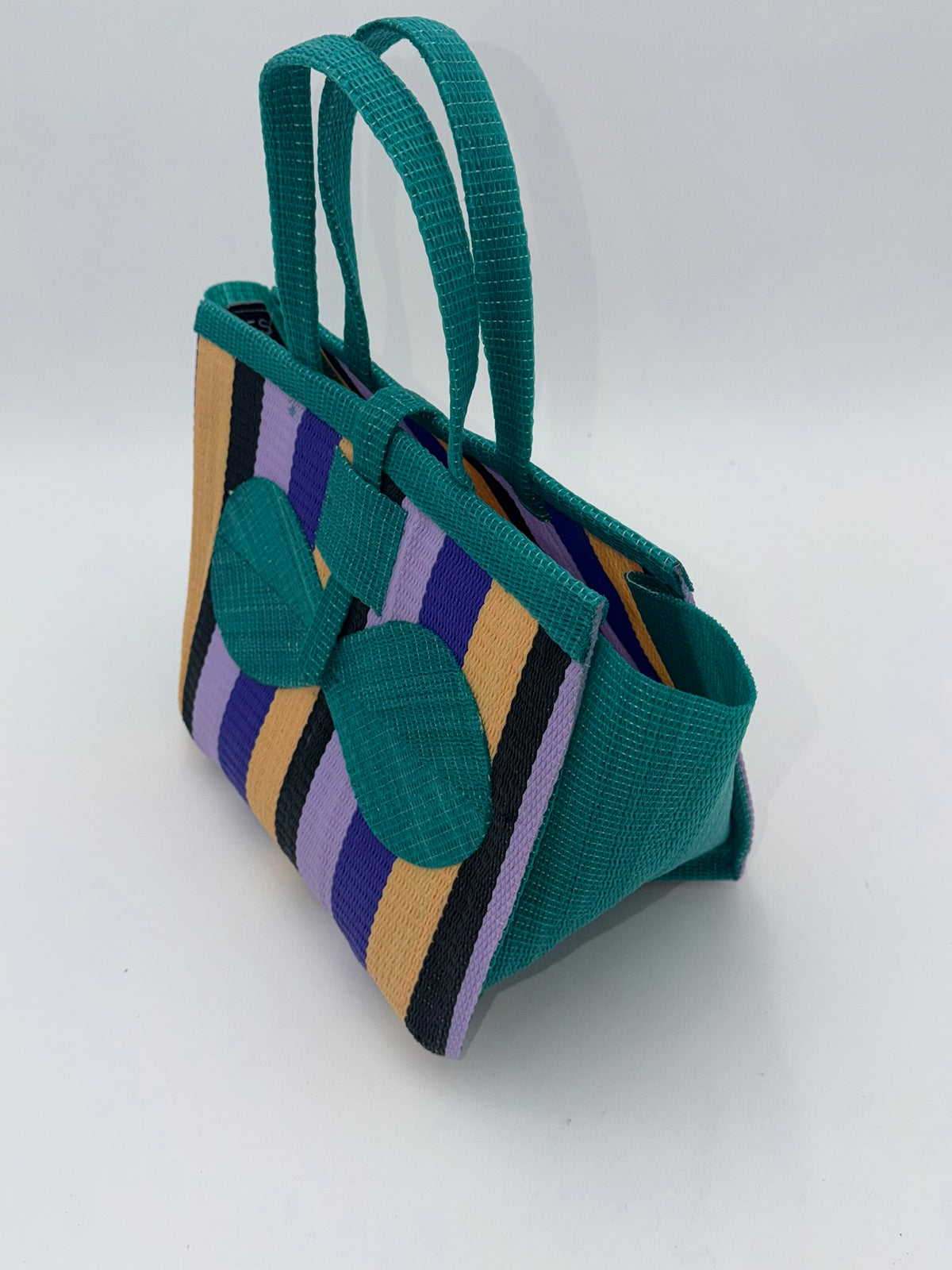 Lavender Medium  handwoven tote bag by SCRUBIES in Green,Beige,Black,Purple with Block design and Bow accent pattern