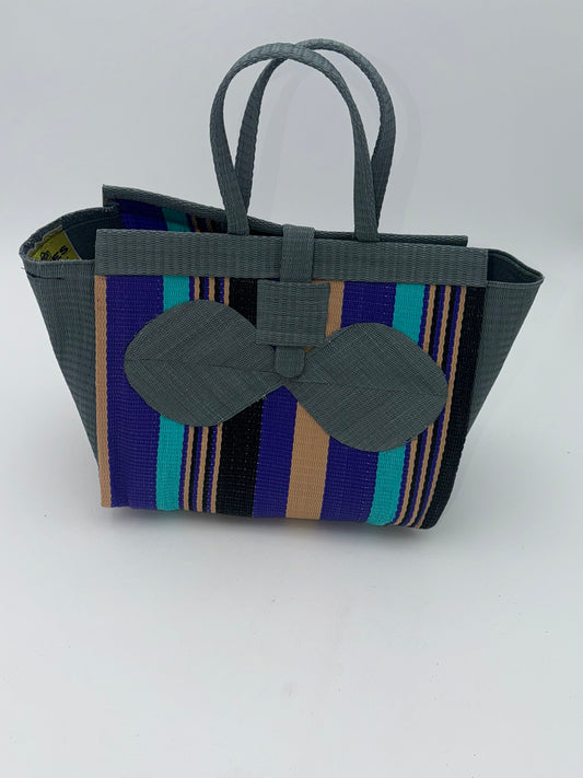 Lavender Medium  handwoven tote bag by SCRUBIES in Gray,Purple,Teal,Beige,Black with Stripes design and Bow accent pattern