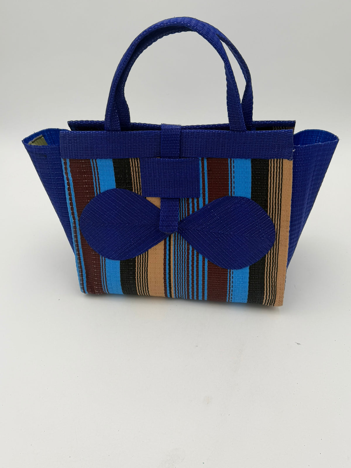 Beige Medium  handwoven tote bag by SCRUBIES in Blue,Black,Beige with Stripes design and Bow accent pattern