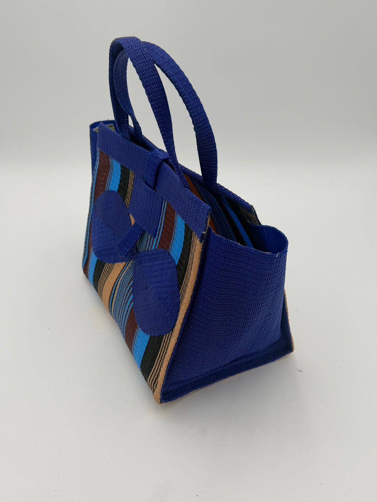 Beige Medium  handwoven tote bag by SCRUBIES in Blue,Black,Beige with Stripes design and Bow accent pattern