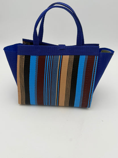 Beige Medium  handwoven tote bag by SCRUBIES in Blue,Black,Beige with Stripes design and Bow accent pattern