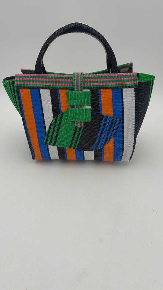 Berry Medium  handwoven tote bag by SCRUBIES in Orange,Blue,White,Black with Stripes design and Almond accent pattern