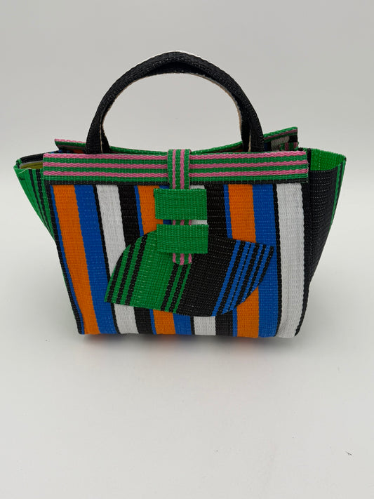 Berry Medium  handwoven tote bag by SCRUBIES in Orange,Blue,White,Black with Stripes design and Almond accent pattern