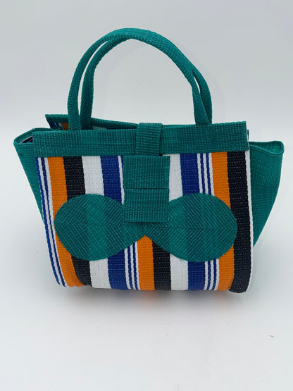Berry Medium  handwoven tote bag by SCRUBIES in Green,Orange,Black,White,Blue with Stripes design and Bow accent pattern