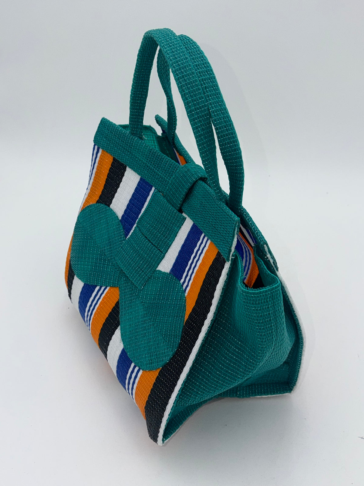 Berry Medium  handwoven tote bag by SCRUBIES in Green,Orange,Black,White,Blue with Stripes design and Bow accent pattern