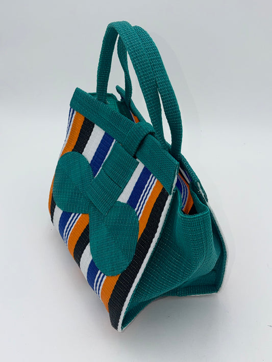 Berry Medium  handwoven tote bag by SCRUBIES in Green,Orange,Black,White,Blue with Stripes design and Bow accent pattern