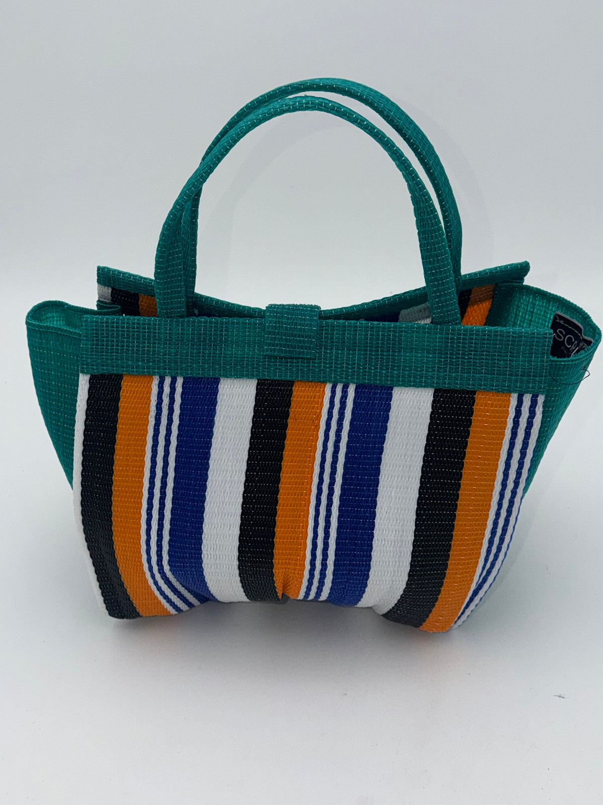 Berry Medium  handwoven tote bag by SCRUBIES in Green,Orange,Black,White,Blue with Stripes design and Bow accent pattern