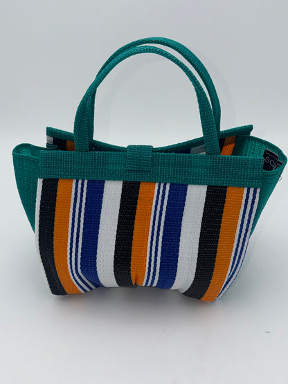 Berry Medium  handwoven tote bag by SCRUBIES in Green,Orange,Black,White,Blue with Stripes design and Bow accent pattern