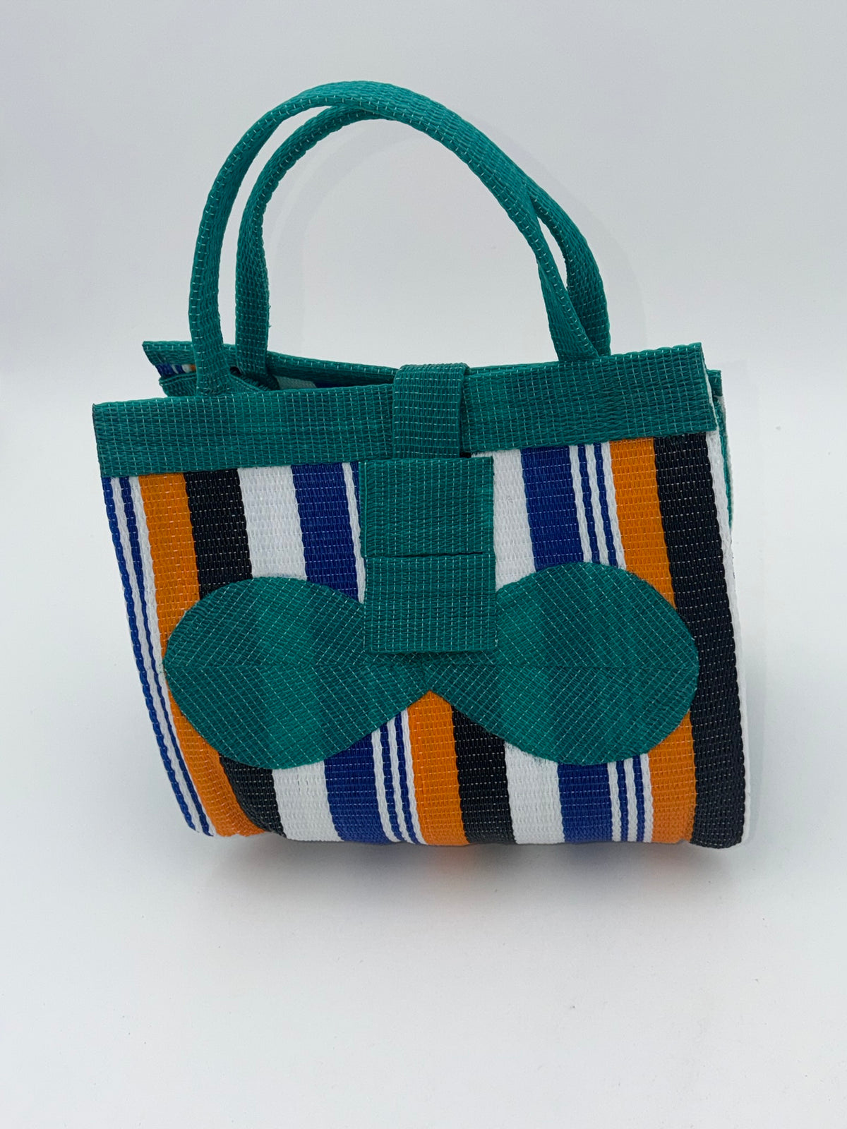 Berry Medium  handwoven tote bag by SCRUBIES in Green,Orange,Black,White,Blue with Stripes design and Bow accent pattern