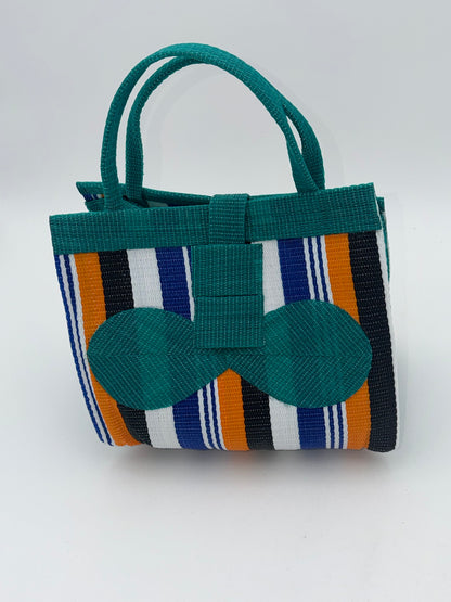 Berry Medium  handwoven tote bag by SCRUBIES in Green,Orange,Black,White,Blue with Stripes design and Bow accent pattern