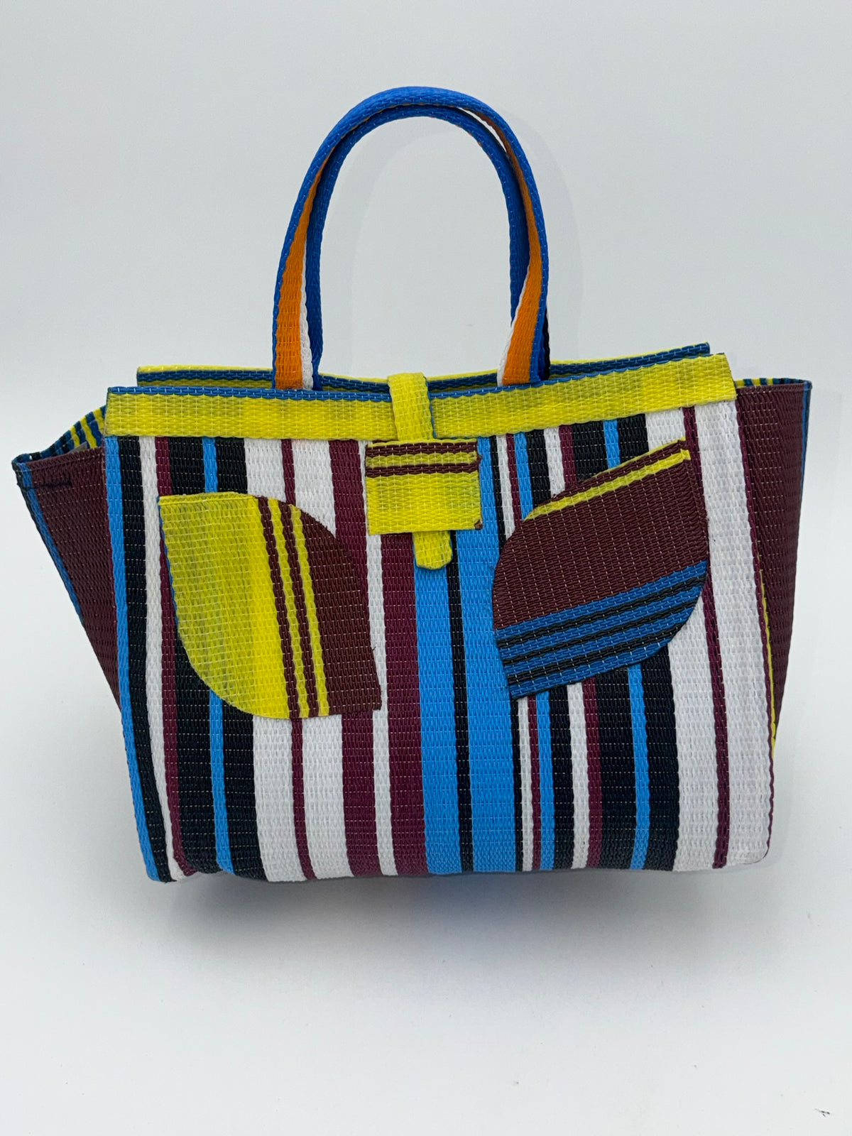Berry Medium  handwoven tote bag by SCRUBIES in Yellow,Blue,White,Wine with Stripes design and Leaf accent pattern
