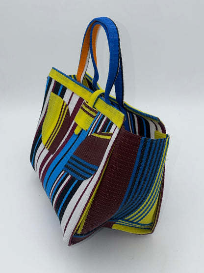 Berry Medium  handwoven tote bag by SCRUBIES in Yellow,Blue,White,Wine with Stripes design and Leaf accent pattern