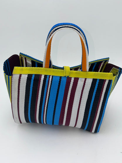 Berry Medium  handwoven tote bag by SCRUBIES in Yellow,Blue,White,Wine with Stripes design and Leaf accent pattern