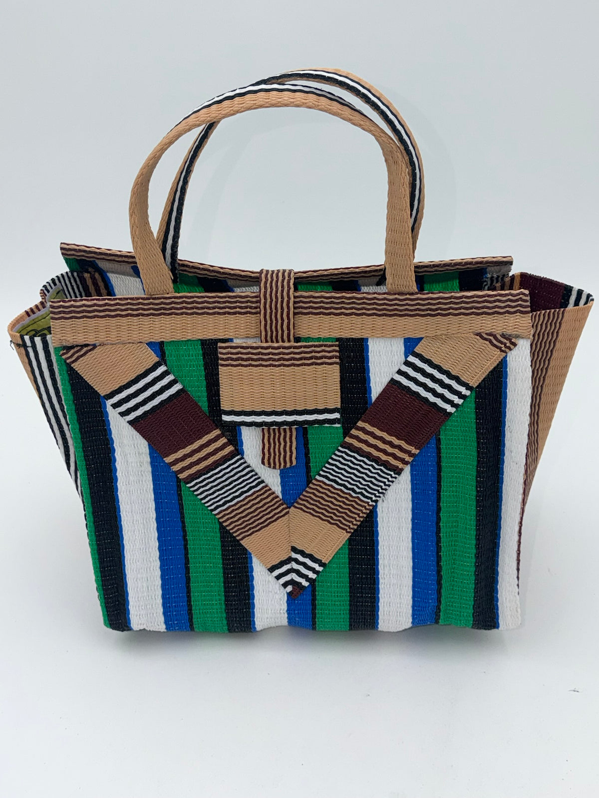 Emerald Medium  handwoven tote bag by SCRUBIES in Beige,Green,White,Black with Stripes design and Vee accent pattern