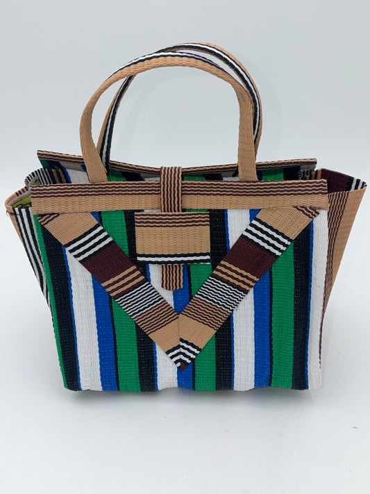 Emerald Medium  handwoven tote bag by SCRUBIES in Beige,Green,White,Black with Stripes design and Vee accent pattern