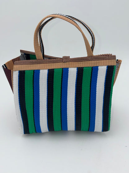 Emerald Medium  handwoven tote bag by SCRUBIES in Beige,Green,White,Black with Stripes design and Vee accent pattern
