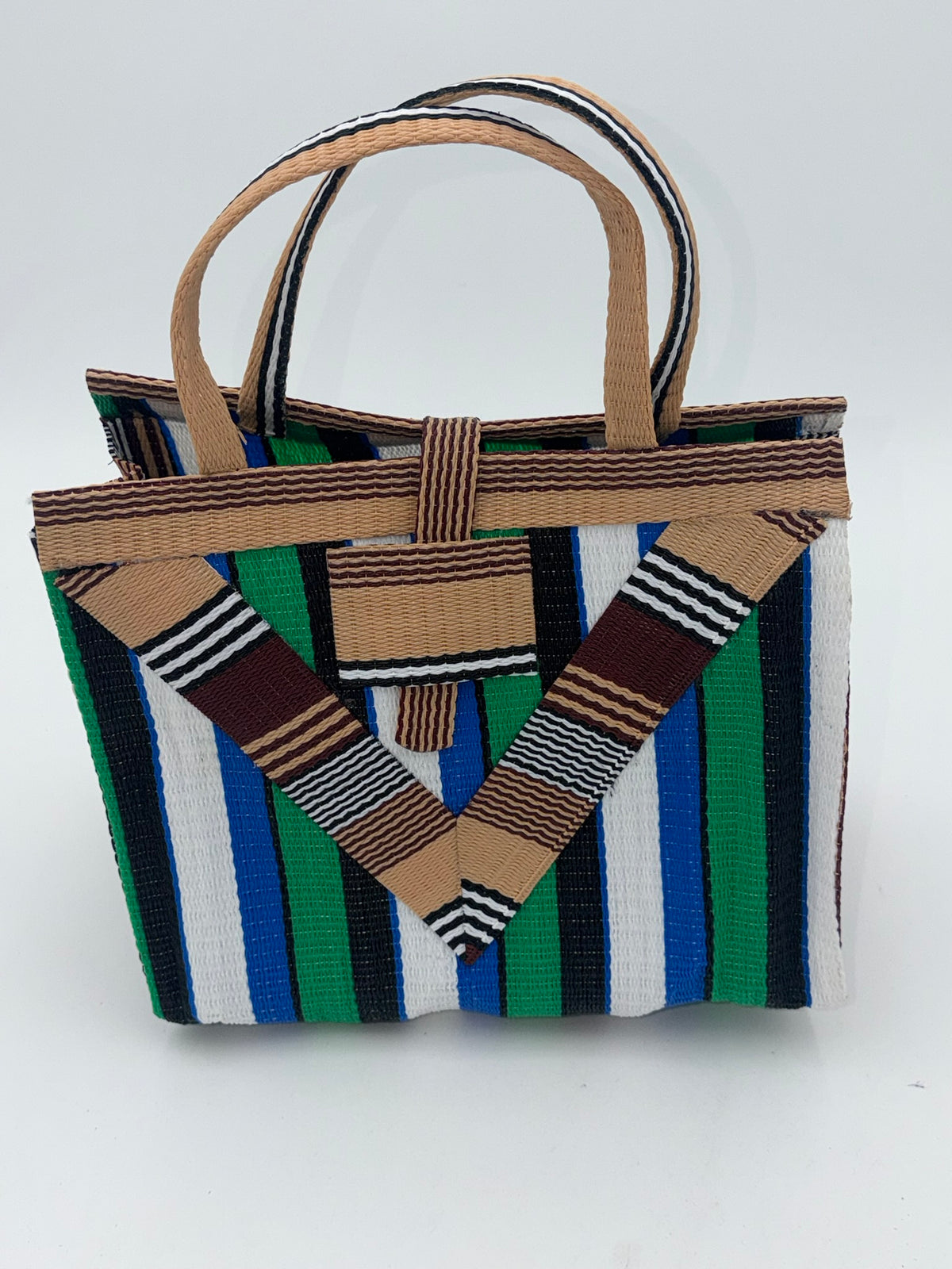 Emerald Medium  handwoven tote bag by SCRUBIES in Beige,Green,White,Black with Stripes design and Vee accent pattern