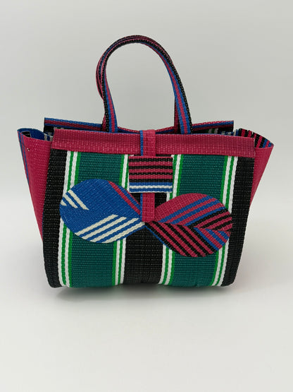 Emerald Medium  handwoven tote bag by SCRUBIES in Pink,Green,Blue,Black with Stripes design and Bow accent pattern