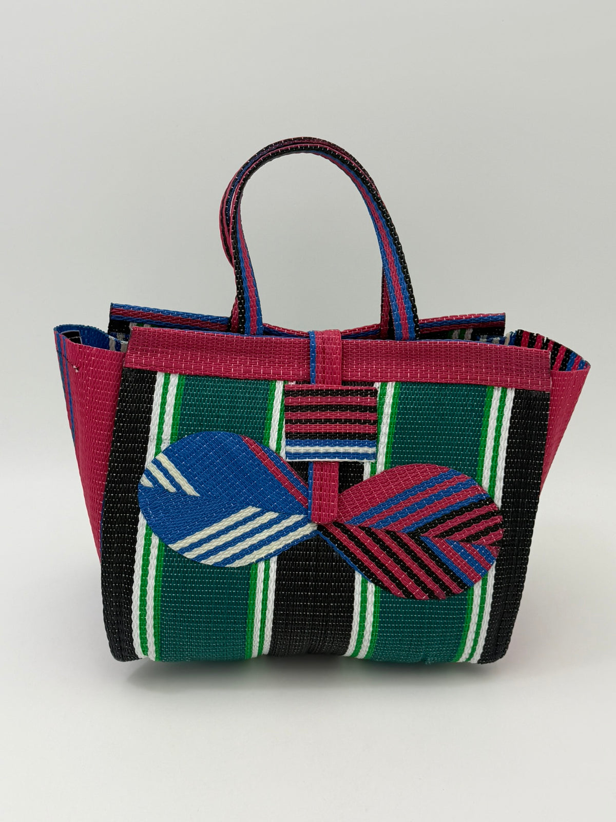 Emerald Medium  handwoven tote bag by SCRUBIES in Pink,Green,Blue,Black with Stripes design and Bow accent pattern