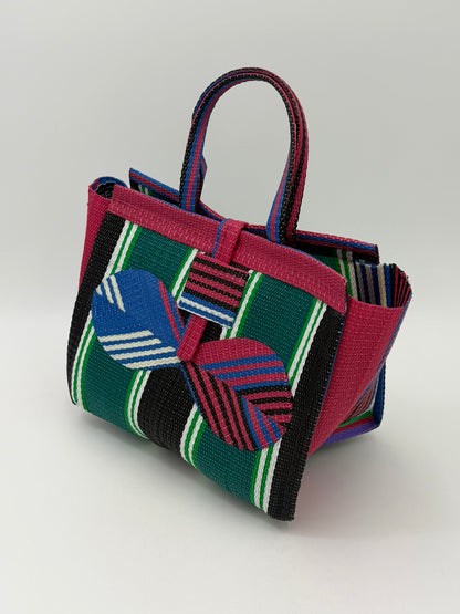 Emerald Medium  handwoven tote bag by SCRUBIES in Pink,Green,Blue,Black with Stripes design and Bow accent pattern
