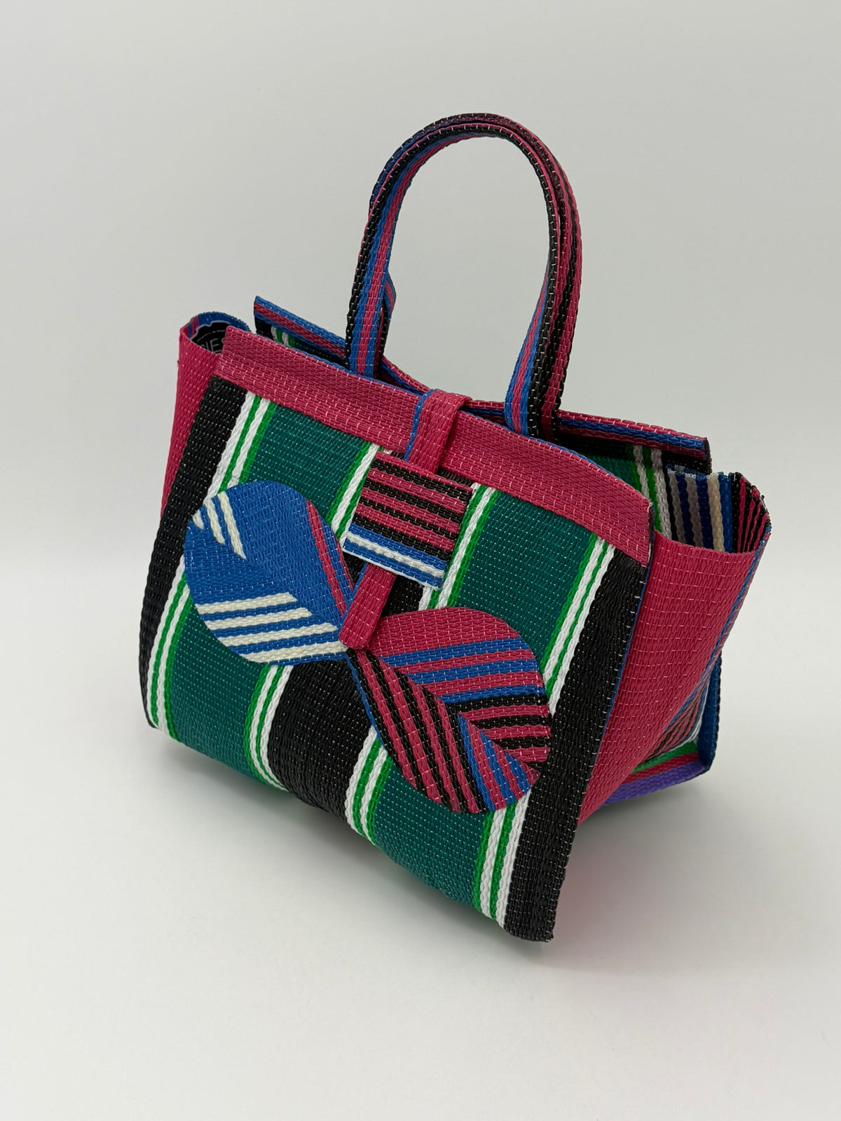 Emerald Medium  handwoven tote bag by SCRUBIES in Pink,Green,Blue,Black with Stripes design and Bow accent pattern