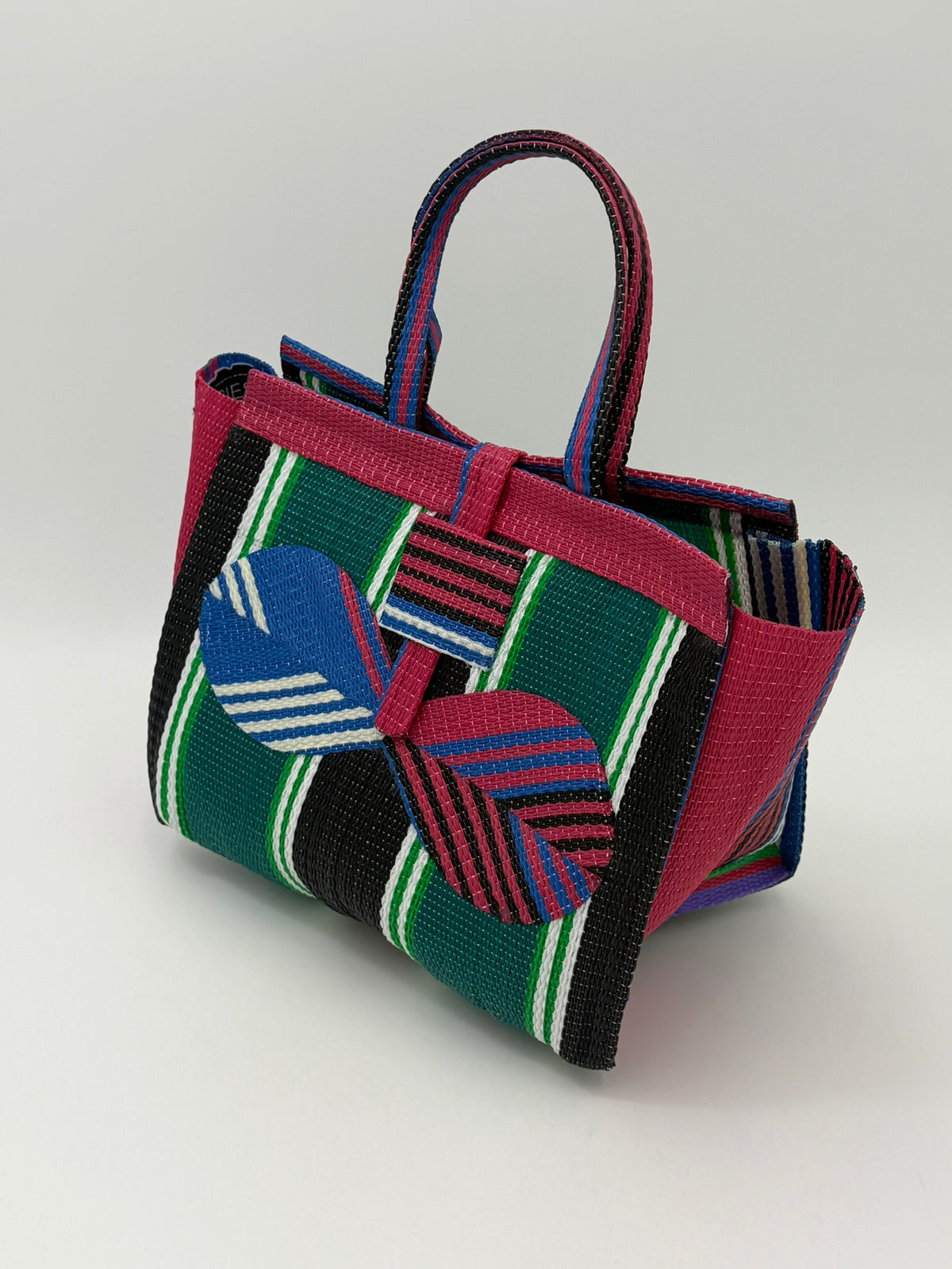 Emerald Medium  handwoven tote bag by SCRUBIES in Pink,Green,Blue,Black with Stripes design and Bow accent pattern
