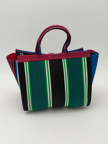 Emerald Medium  handwoven tote bag by SCRUBIES in Pink,Green,Blue,Black with Stripes design and Bow accent pattern