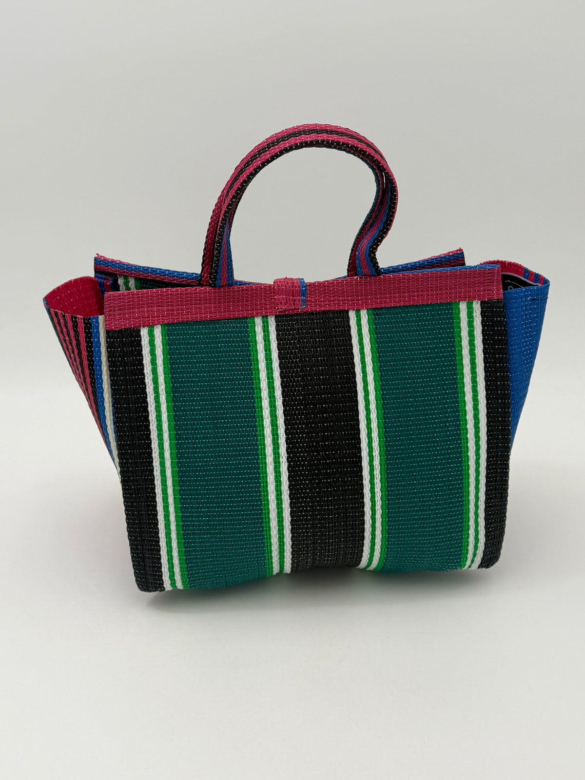 Emerald Medium  handwoven tote bag by SCRUBIES in Pink,Green,Blue,Black with Stripes design and Bow accent pattern